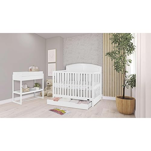 Storybrooke 5 in 1 Convertible Crib with Under Drawer in Pebble Grey, JPMA & Greenguard Gold Certified, Made of Sustainable Pinewood, Non-Toxic Water-Based Paint Finish - Jamouz