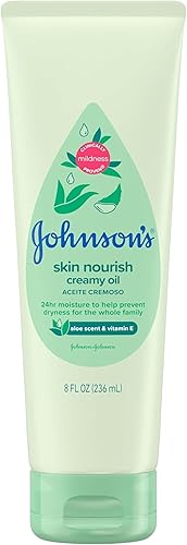 Johnson's Skin Nourish Creamy Oil, Aloe Scent & Vitamin E, Creamy Oil Helps Prevent Dryness & Moisturizes Baby's Delicate Skin for 24 Hours, Hypoallergenic & Non-Greasy, 8 fl. oz - Jamouz