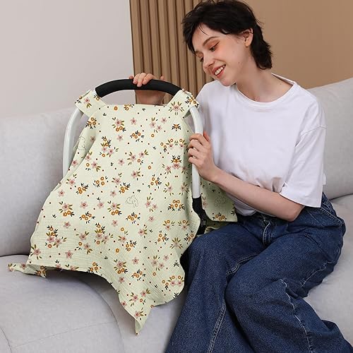 100% Muslin Cotton Car Seat Cover Baby, Carseat Canopy Cover, Universal Fit Stroller Covers for Boys and Girls (Roman Green) - Jamouz