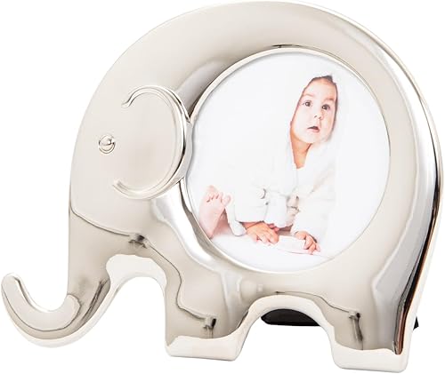 Happy Homewares Modern Standing Elephant Themed Shiny Nickel Plated Baby Circular Picture Frame with Black Velveteen Felt Backing | Newborn Baby or Baby Shower Idea - Jamouz