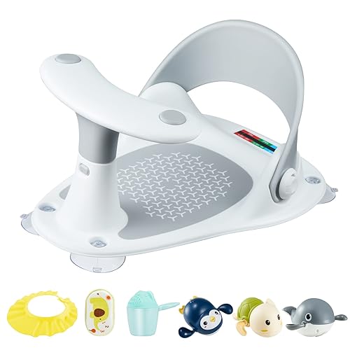 Baby Bath Seat [Original] – 3 Bath Toys + Shower Cap + Bath Brush + Thermometer + Rinse Cup – 4 Anti-Slip Suction Cups – Soft Silicone Cushion – Foldable Design – Ideal Gift for Infants 6-36 Months! - Jamouz