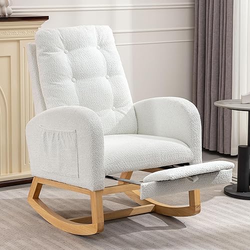 Nursery Rocking Chair with Retractable Foot Rest Glider Rocker Accent Chair Padded Seat with High Backrest Armchair Comfy Side Chair for Living Room Bedroom Offices (Gray) - Jamouz