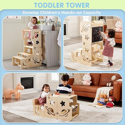 Toddler Tower, Toddler Stool for Kitchen, Kids Learning Wooden Tower, Foldable Weaning Table with Kids Step Stool, Montessori Toddler Standing Tower for Bathroom and Kitchen Counter - Jamouz