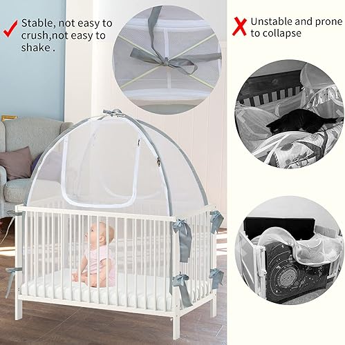 Baby Crib Tent Safety Net, Durable Strong Self-Locking Zippers, Protects from Climbing Out and, Insects, Mosquitoes, Installs with Rods (Crib 52.25' - 28.25') - Jamouz