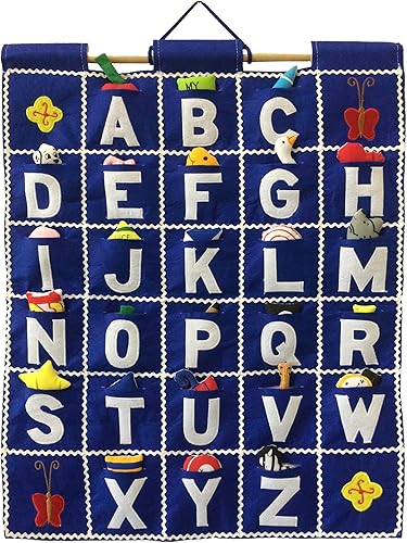 ABC Felt Wall Hanging Chart - Early Education Alphabet Fabric Wall Décor for Children's Room | Engaging Educational Learning Art for Kids with Fabric Objects in Pocket (Blue) - Jamouz