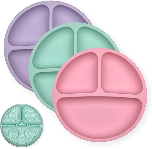 Hippypotamus Toddler Plates with Suction - 100% Food-Grade Silicone Baby Plates - Microwave & Dishwasher Safe - BPA Free - Set of 3 (Sage/Blush/Nude) - Jamouz