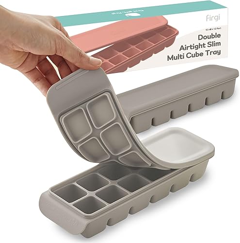 12 Section-0.5oz, Gray 100% Food Grade Silicone Ice Cube Tray Food Container with Airtight Locking Lid, Fruit Vegetable Purees, Breastmilk Storage for Baby & Toddler Food | BPA Free Korea Made - Jamouz