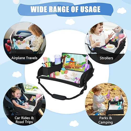 Upgraded Kids Travel Tray for Car Seat - Travel Tray for Car Airplane, Kids Car Seat Table Tray, Toddler Car Seat Lap Tray, Carseat Lap Desk for Kids Road Trip Activities, Pink Unicorn - Jamouz
