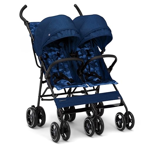 GAP babyGap Classic Side-by-Side Double Stroller - Lightweight Double Stroller with Recline, Extendable Sun Visors & Compact Fold - Made with Sustainable Materials, Grey Stripes - Jamouz