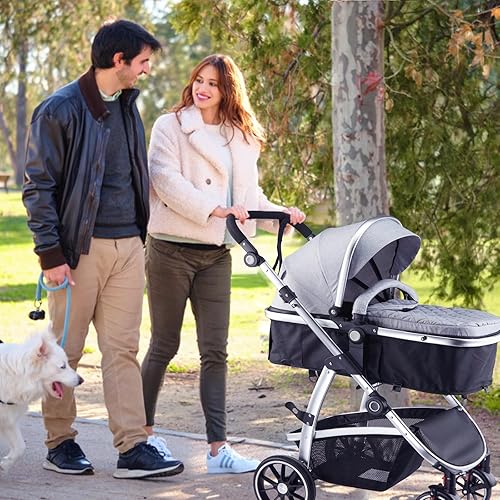 Baby Stroller, 2-in-1 Reversible Stroller with Bassinet Mode, Foldable Infant Stroller with Canopy, One Button Brake, Adjustable Handle, Newborn Stroller (Gray) - Jamouz
