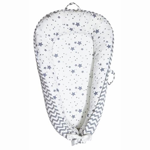 Baby Nest, Baby Lounger, Organic Cotton Lounger for Baby, Reversible Breathable Adjustable Portable - Star Collection (Tan) - Jamouz