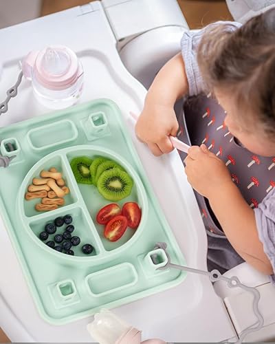 Platinum Food Grade Silicone Plates with Strong Suction for Baby & Toddlers, Baby Placemats with 4 Toy Straps to Secure Baby Essentials, Baby Led Weaning, Self Feeding, Dishwasher Safe (Green) - Jamouz