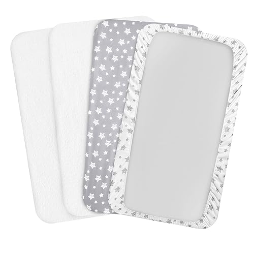 Pack and Play Sheets & Waterproof Terry Pack N Play Mattress Protector Pad Cover 4 Pack, Viscose Made from Bamboo Pack N Play Sheets Set, Grey & Navy - Jamouz