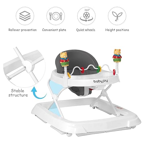 BABY JOY Baby Walker, Foldable Activity Walker Helper with Adjustable Height, Baby Activity Walker with High Back Padded Seat & Bear Toys (Gray, Star Pattern) - Jamouz