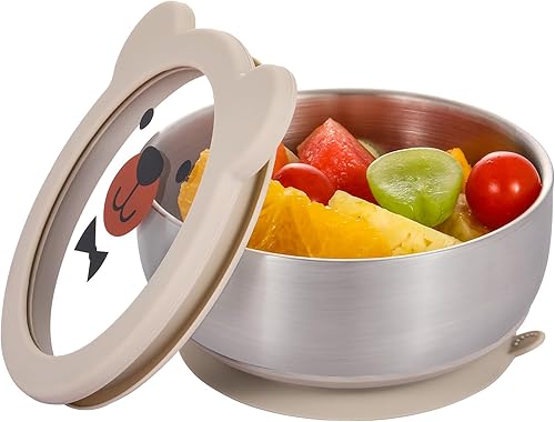 MR. CHOU Baby Bowls with Non-Slip Silicone Suction Cup, Insulated Double-Layer 304 Stainless Steel Toddler Bowls with BPA Free Airtight Lids, Food-Grade Silicone Safe for Kids (Beige) - Jamouz