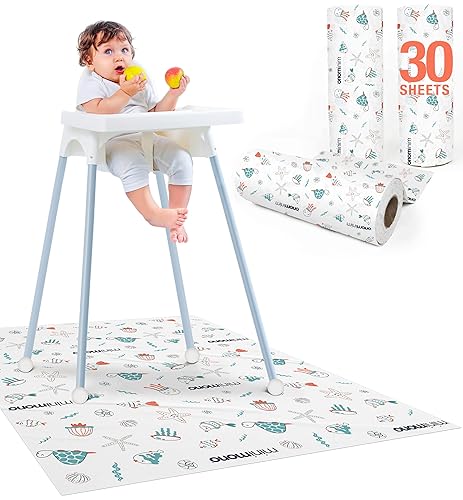 Minimono Baby Splat Mat for Under High Chair - 30 Pcs Disposable and Waterproof Splash Mats - 40'x47' Multipurpose Activity Mat for Picnic Art Craft - Baby Led Weaning Supplies (Fruits and Vegetables) - Jamouz