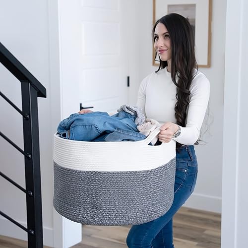 Little Hippo XXXL Large Cotton Rope Basket (22'x14') 100% Natural Cotton! Rope Basket, Woven Storage Basket, Large Basket, Blanket Basket Living Room, Toy Basket, Pillow Basket (White & Brown) - Jamouz