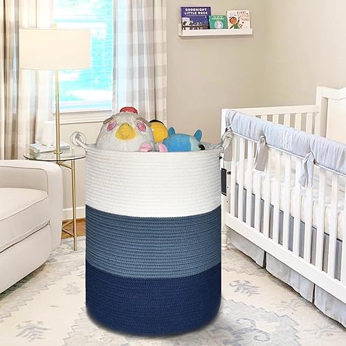 COMSE Extra Large Blanket Basket, High Storage Basket, Tall Rope Laundry Basket, 15.7”x 21.7”, Cotton Rope Basket, XXXL Laundry Basket, Toy Basket, Clothes Baskets,White/Cadet Blue/Navy Blue - Jamouz
