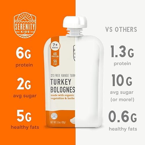Serenity Kids Bone Broth Puree Made with Organic Veggies - Clean Label Project Purity Award Certified - 3.5 Ounce BPA-Free Pouch - Free Range Turkey Bolognese - 6 Count - Baby Food Turkey Bone Broth - Jamouz