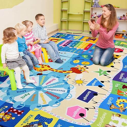Large Playroom Rug Daycare Kids Rug 7x10,Educational and Fun Nursery Rug with ABC Alphabet Animals Classroom Rug Washable Kids Play Mat Baby Toddler Children Girls Rugs for Bedroom,Beige - Jamouz