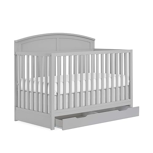 Storybrooke 5 in 1 Convertible Crib with Under Drawer in Pebble Grey, JPMA & Greenguard Gold Certified, Made of Sustainable Pinewood, Non-Toxic Water-Based Paint Finish - Jamouz