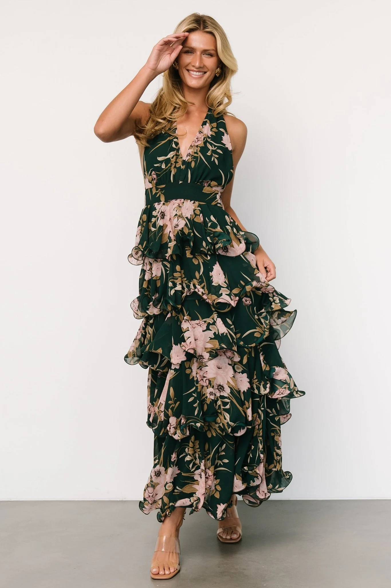 Jesslyn Open Back Tiered Maxi Dress | Green + Pink - Jamouz