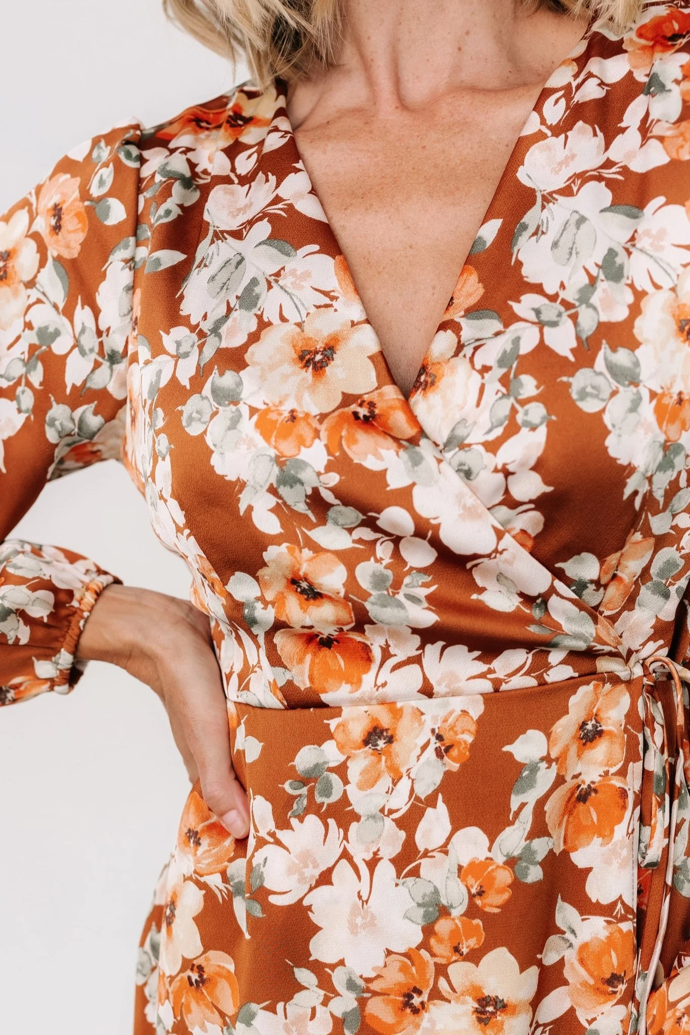 Clarissa Faux Wrap Midi Dress | Copper + Ivory - Jamouz